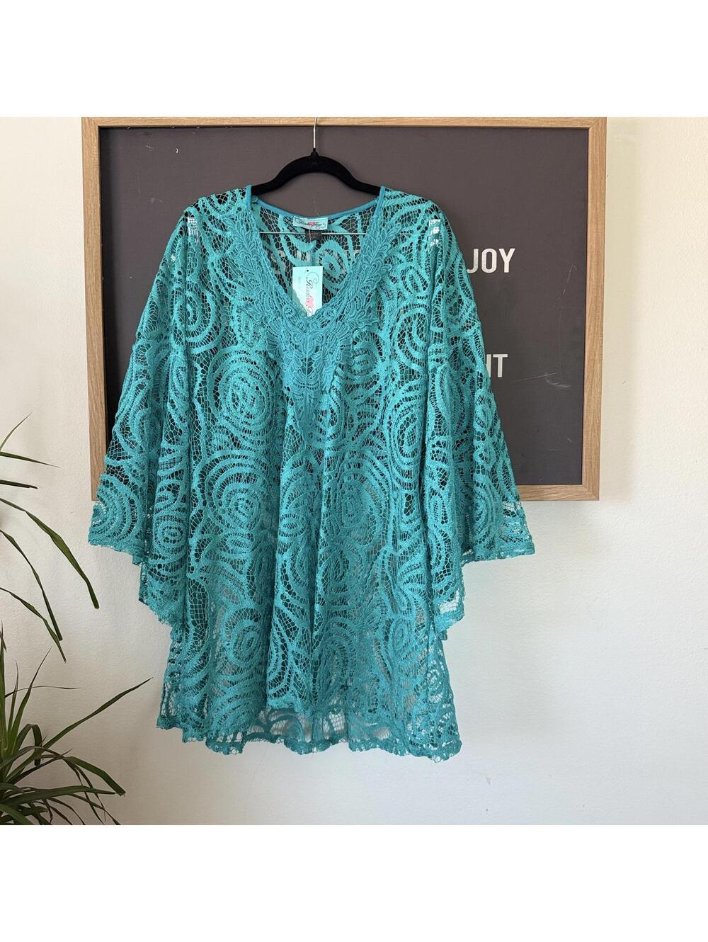 Rodeo Fox Teal Lace Tunic Top L/XL Boho Sheer Swim Cover Festival